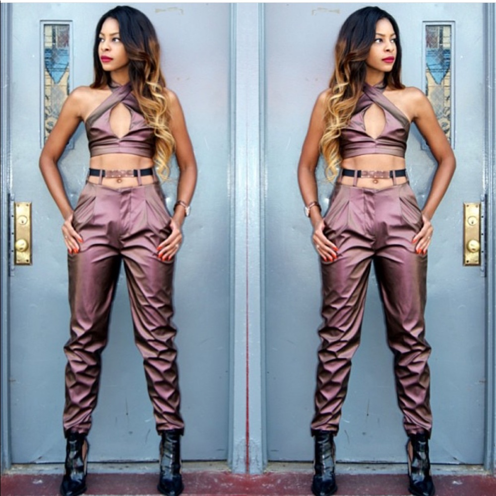 Crop top and pant set with belt